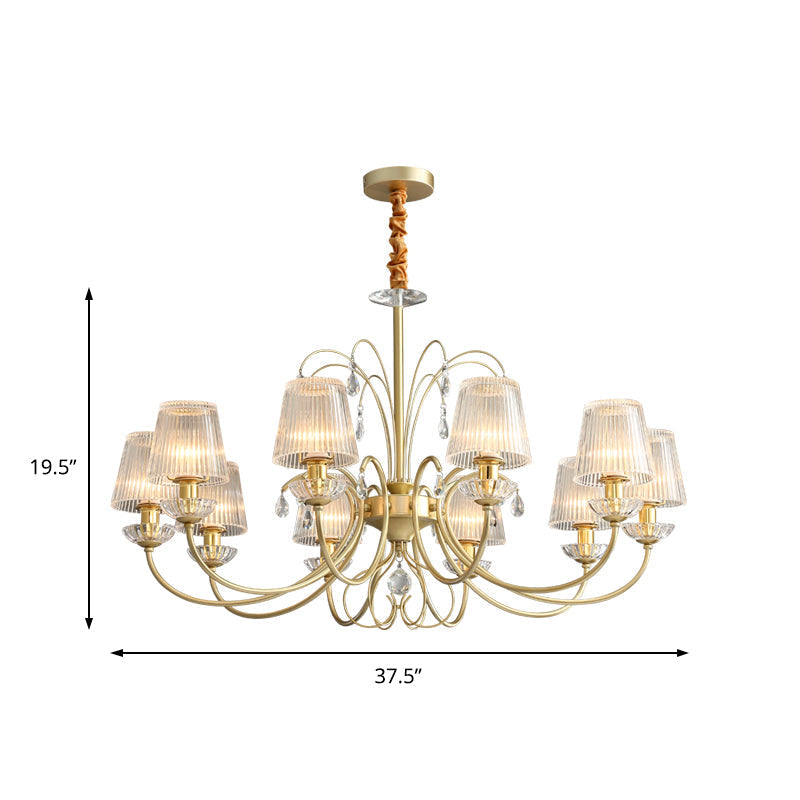 Lustre moderne en forme de cône en verre côtelé doré avec 6/8/10 lumières - Plafonnier suspendu élégant pour salon