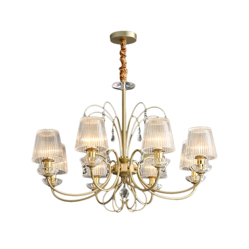 Modern Gold Cone Chandelier Lamp With Clear Ribbed Glass - 6/8/10 Lights Ideal For Living Room