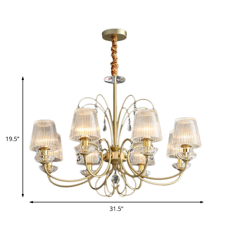 Modern Gold Cone Chandelier Lamp With Clear Ribbed Glass - 6/8/10 Lights Ideal For Living Room