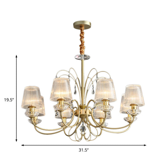 Modern Gold Cone Chandelier Lamp With Clear Ribbed Glass - 6/8/10 Lights Ideal For Living Room