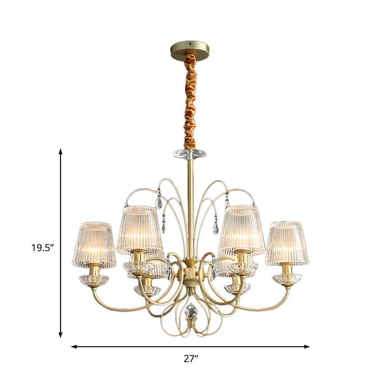 Modern Gold Cone Chandelier Lamp With Clear Ribbed Glass - 6/8/10 Lights Ideal For Living Room