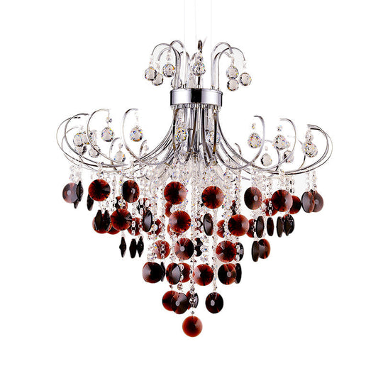 Burgundy Crystal Pendant Light With Chrome Beaded Chandelier - Modern 4-Light Lamp For Bedroom