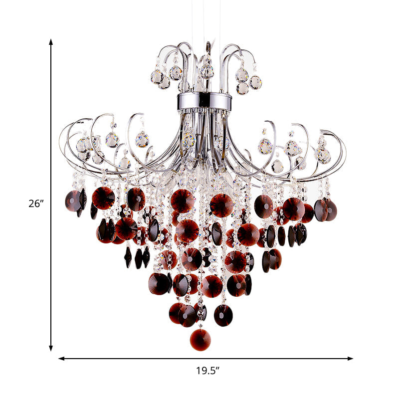 Burgundy Crystal Pendant Light With Chrome Beaded Chandelier - Modern 4-Light Lamp For Bedroom