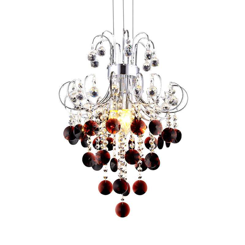 Burgundy Crystal Pendant Light With Chrome Beaded Chandelier - Modern 4-Light Lamp For Bedroom