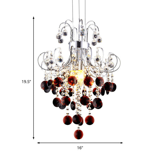 Burgundy Crystal Pendant Light With Chrome Beaded Chandelier - Modern 4-Light Lamp For Bedroom