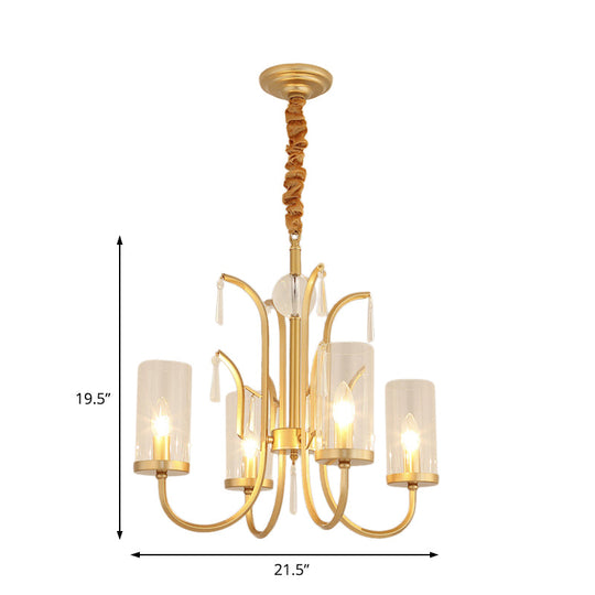 Gold Finish Modernism Clear Glass Cylinder Pendant Light Chandelier With Crystal Accents