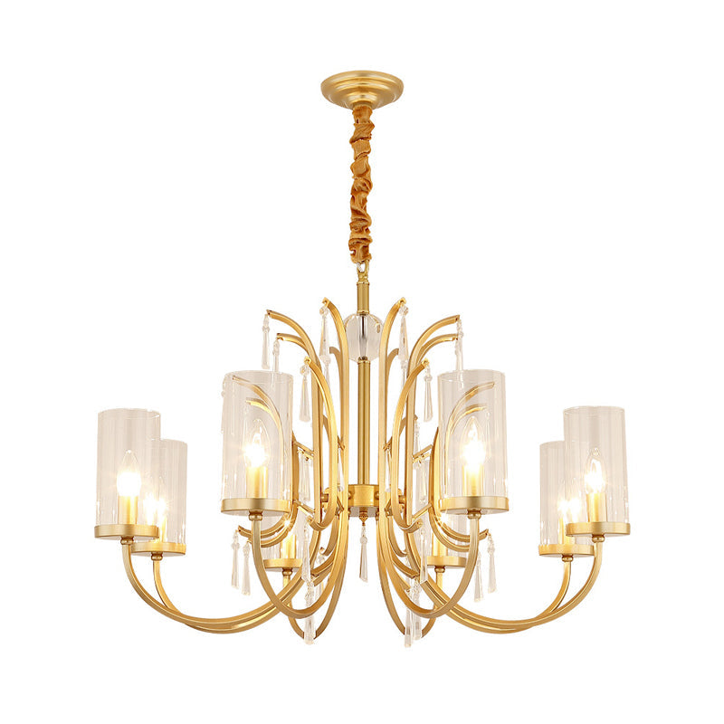 Gold Finish Modernism Clear Glass Cylinder Pendant Light Chandelier With Crystal Accents