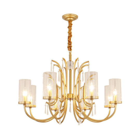 Gold Finish Modernism Clear Glass Cylinder Pendant Light Chandelier With Crystal Accents