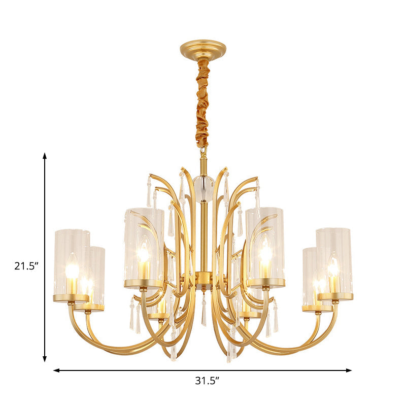 Gold Finish Modernism Clear Glass Cylinder Pendant Light Chandelier With Crystal Accents