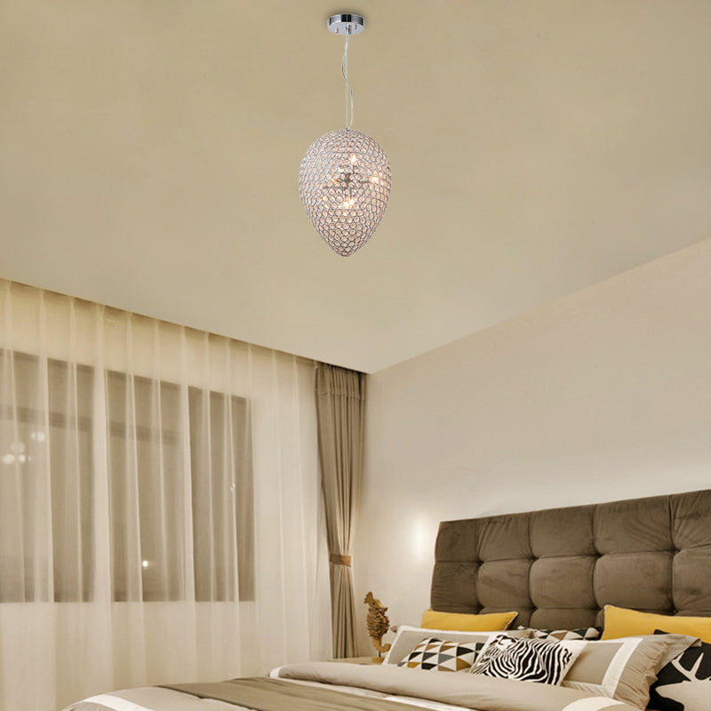 Contemporary Chrome Beaded Pendant Light With Teardrop Shade - Modern Crystal Chandelier Lamp