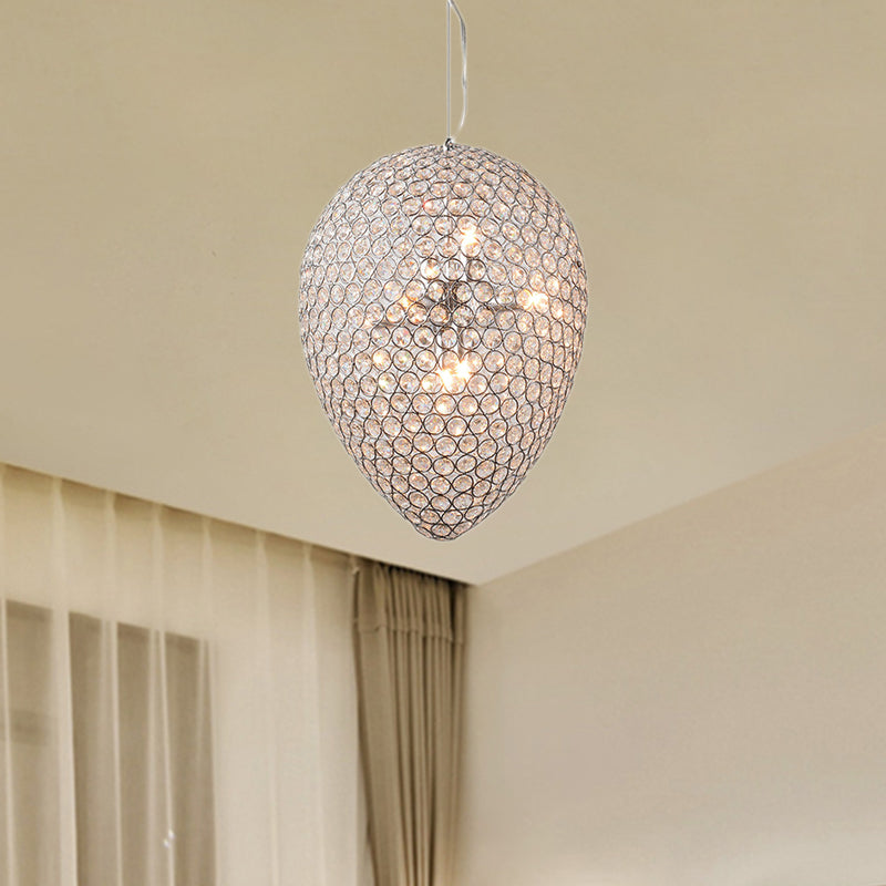 Contemporary Chrome Beaded Pendant Light With Teardrop Shade - Modern Crystal Chandelier Lamp