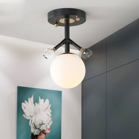 Modern White Glass and Metal Ceiling Lighting with Crystal Ball Deco - 1 Light Globe Semi Flush