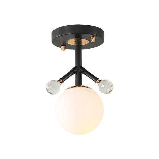 Modern White Glass and Metal Ceiling Lighting with Crystal Ball Deco - 1 Light Globe Semi Flush