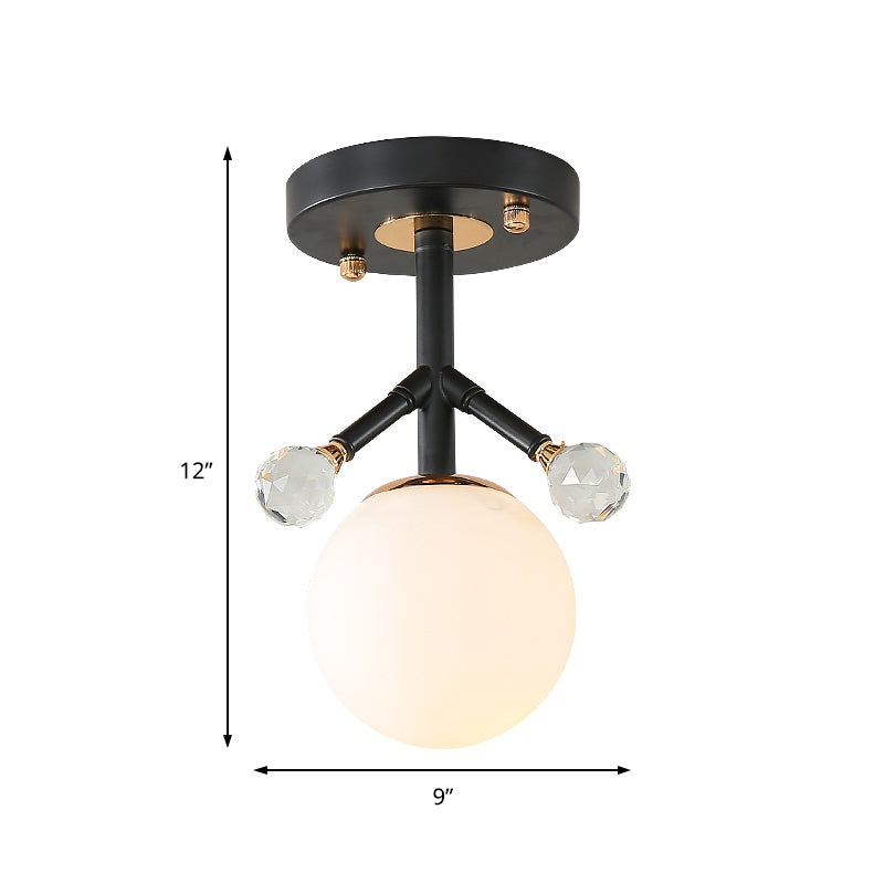 Modern White Glass and Metal Ceiling Lighting with Crystal Ball Deco - 1 Light Globe Semi Flush