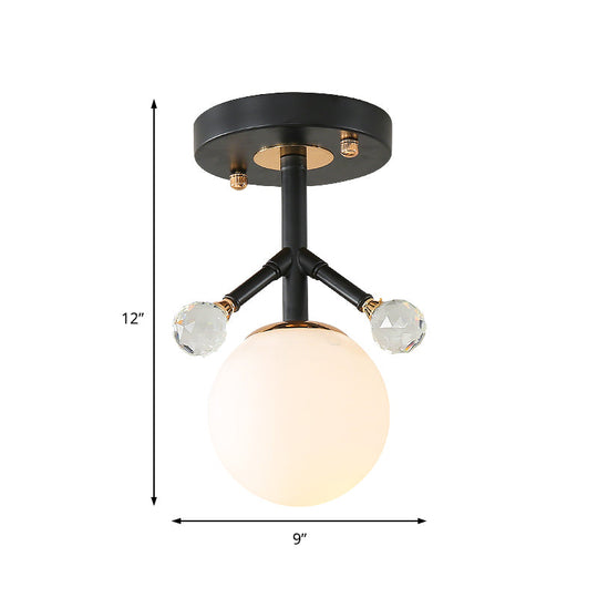 Modern White Glass and Metal Ceiling Lighting with Crystal Ball Deco - 1 Light Globe Semi Flush