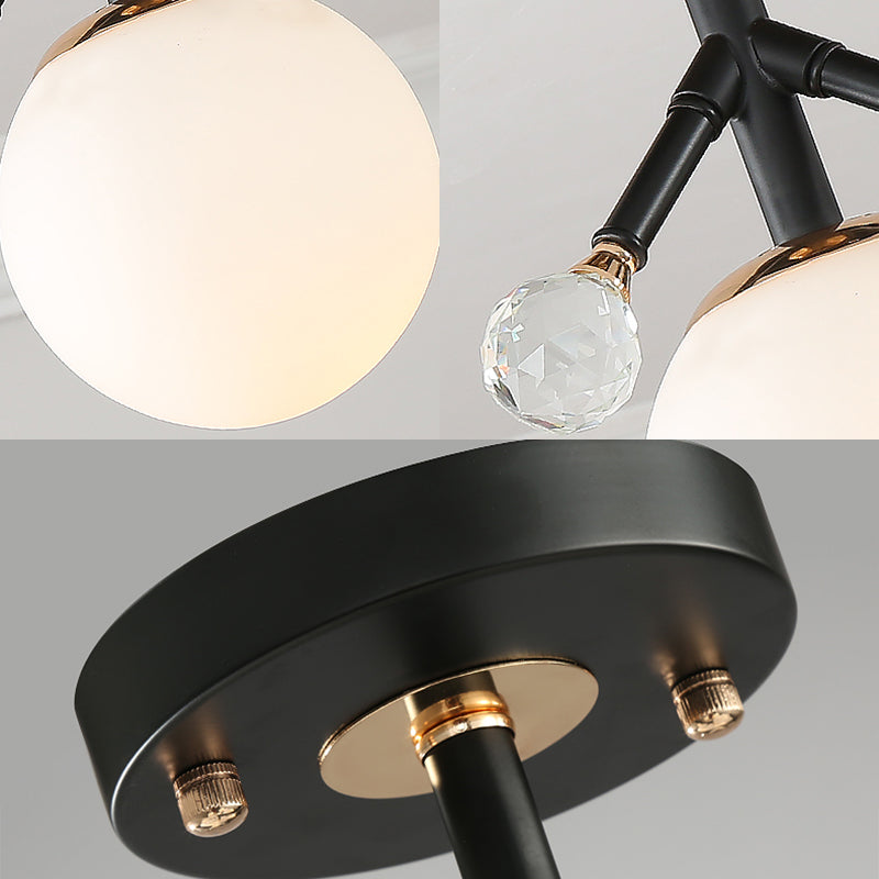 Modern White Glass and Metal Ceiling Lighting with Crystal Ball Deco - 1 Light Globe Semi Flush