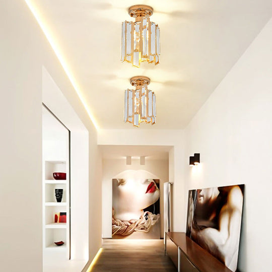 Golden Semi Flush Cylinder Ceiling Light with Crystal Block - Contemporary Gold Fixture