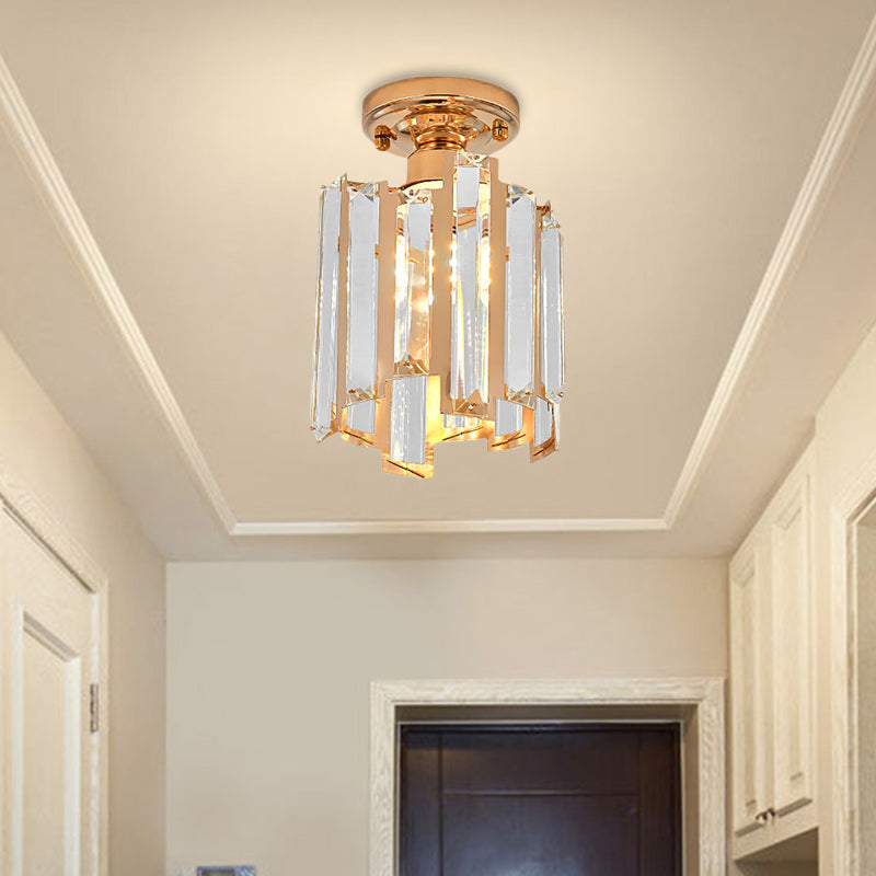 Golden Semi Flush Cylinder Ceiling Light with Crystal Block - Contemporary Gold Fixture