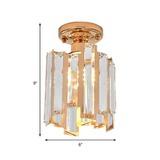 Golden Semi Flush Cylinder Ceiling Light with Crystal Block - Contemporary Gold Fixture