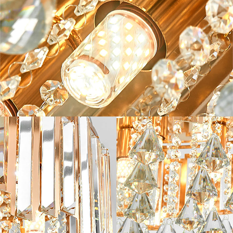 Golden Semi Flush Cylinder Ceiling Light with Crystal Block - Contemporary Gold Fixture