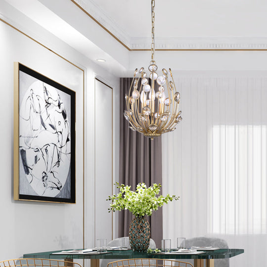 Gold Floral Chandelier With 3 Lights - Modern Style Metal And Crystal Hanging Fixture For Dining