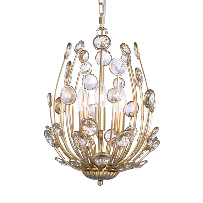 Lustre floral moderne à 3 lumières en or - Luminaire suspendu en métal et cristal pour salle à manger