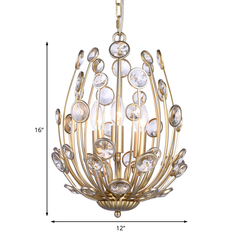 Gold Floral Chandelier With 3 Lights - Modern Style Metal And Crystal Hanging Fixture For Dining