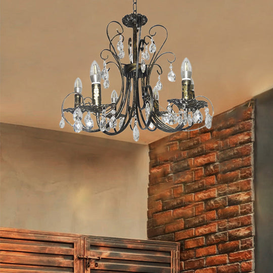 Rustic Candle Chandelier With Crystal Accent - 6-Light Suspension Lamp In Brass