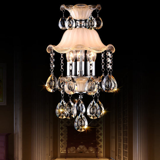 Lustre de plafond moderne en verre dépoli avec décoration en cristal – Lampe suspendue à bord volanté en champagne