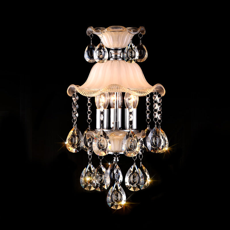 Lustre de plafond moderne en verre dépoli avec décoration en cristal – Lampe suspendue à bord volanté en champagne