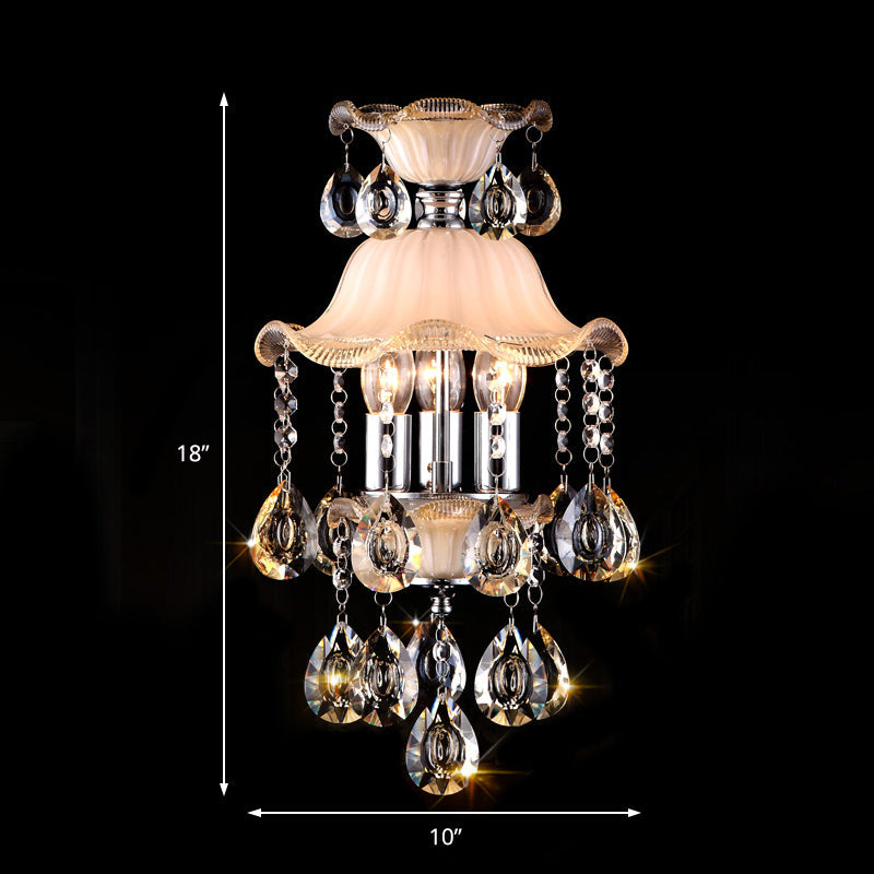 Lustre de plafond moderne en verre dépoli avec décoration en cristal – Lampe suspendue à bord volanté en champagne