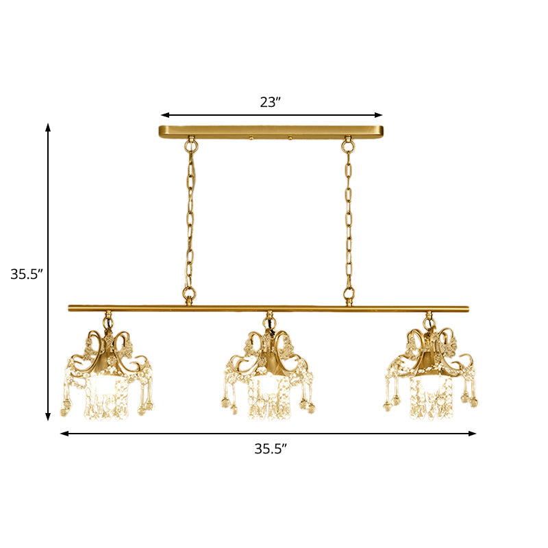 Champagne Vintage-Style Crystal & Metal Pendant Light: 3-Light Island Lighting For Living Room