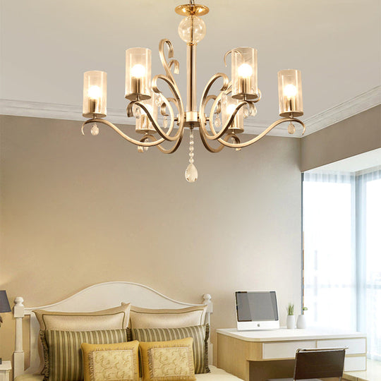 Vintage-Style Cylindrical Chandelier Light with Clear Glass - 6/8 Lights & Crystal Drop - Champagne