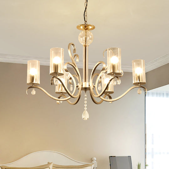 Vintage-Style Cylindrical Chandelier Light with Clear Glass - 6/8 Lights & Crystal Drop - Champagne