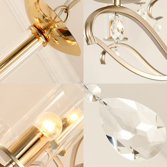 Vintage-Style Cylindrical Chandelier Light with Clear Glass - 6/8 Lights & Crystal Drop - Champagne