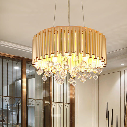 Modern Metal Chandelier Drum Pendant Light With Crystal Accent - Gold 4/5-Light 16/19.5 Width