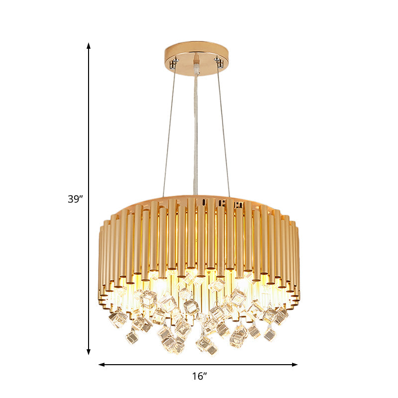 Lustre moderne en métal à 4/5 lumières avec accents en cristal en or, design tambour, largeur 16"/19,5"