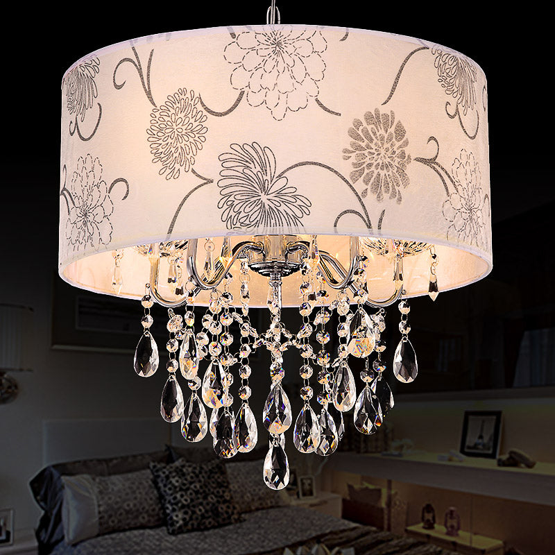 Lustre à tambour blanc contemporain - Luminaire suspendu à 5 lumières avec motif floral et perle de cristal