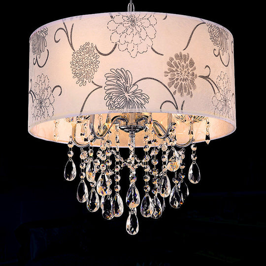 Lustre à tambour blanc contemporain - Luminaire suspendu à 5 lumières avec motif floral et perle de cristal