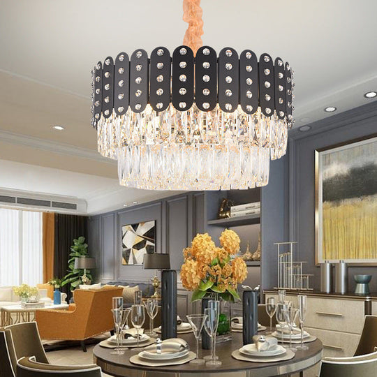 Vintage Metal Chandelier Pendant Light with Crystal Block - 12 Lights, Round Design, Black Finish