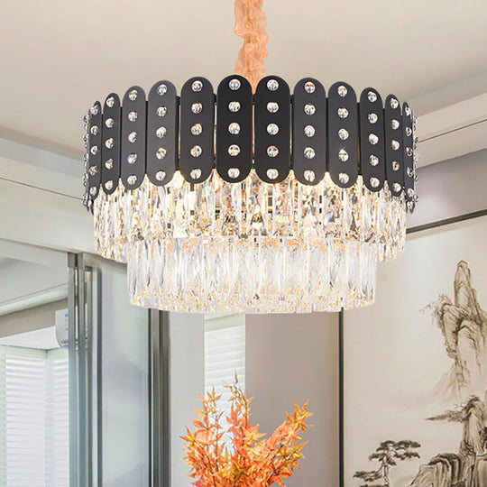 Vintage Metal Chandelier Pendant Light with Crystal Block - 12 Lights, Round Design, Black Finish