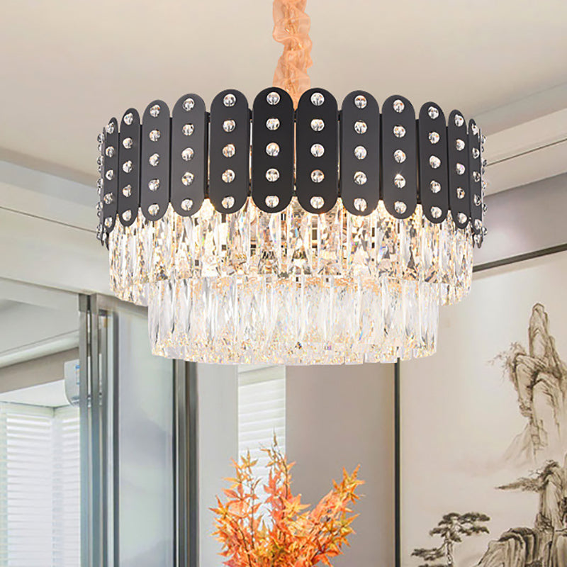 Vintage Metal Chandelier Pendant Light With Crystal Block In Black 12 Lights Round Design