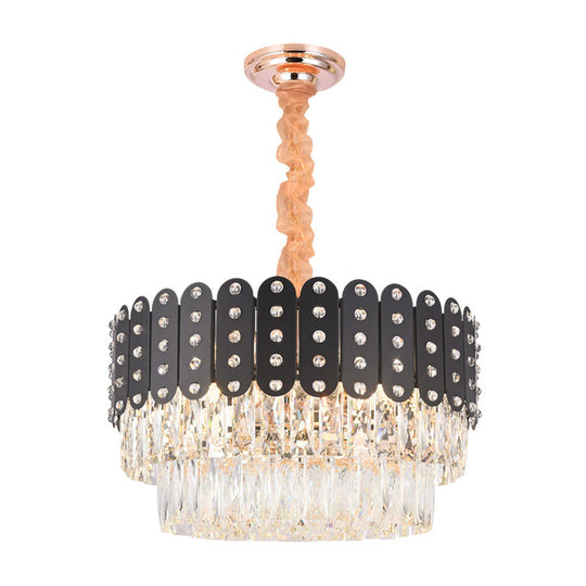 Vintage Metal Chandelier Pendant Light with Crystal Block - 12 Lights, Round Design, Black Finish