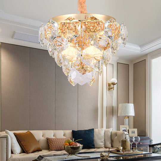 Modern Gold 14-Light Pendant Lamp: Multi-Layered Ceiling Fixture With Faceted Crystals Ideal For