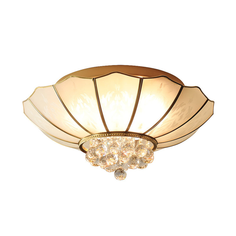 10"/13" W Scalloped Flush Lamp Vintage White Glass Ceiling Light with Crystal Ball Deco - Dining Room, Multi-Light Design