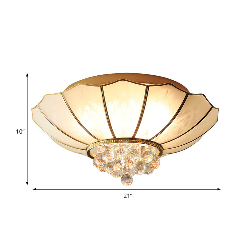 10"/13" W Scalloped Flush Lamp Vintage White Glass Ceiling Light with Crystal Ball Deco - Dining Room, Multi-Light Design