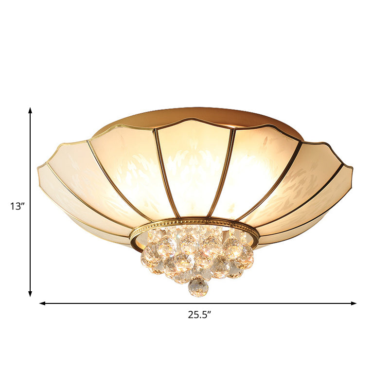 10"/13" W Scalloped Flush Lamp Vintage White Glass Ceiling Light with Crystal Ball Deco - Dining Room, Multi-Light Design