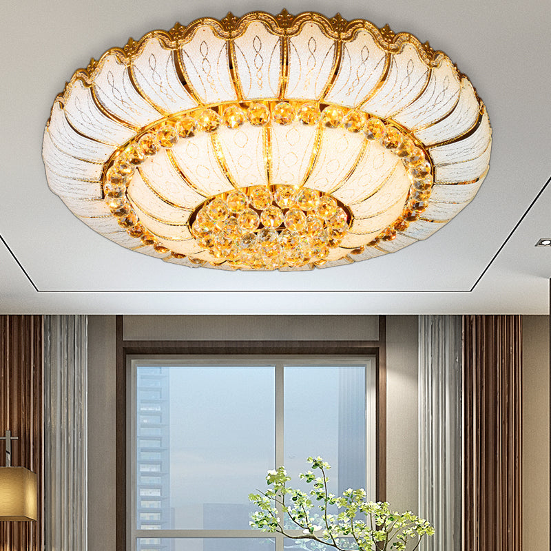 Modern Gold Flush Mount Ceiling Light With K9 Crystal Accents - 10/19-Lights Glass Shade 18/23.5