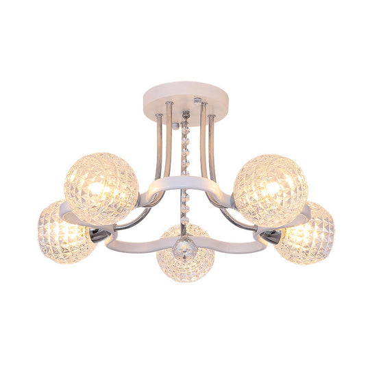 Modern White Semi-Flush Mount Ceiling Light with Lattice Glass, Crystal Drop and 3/5 Lights