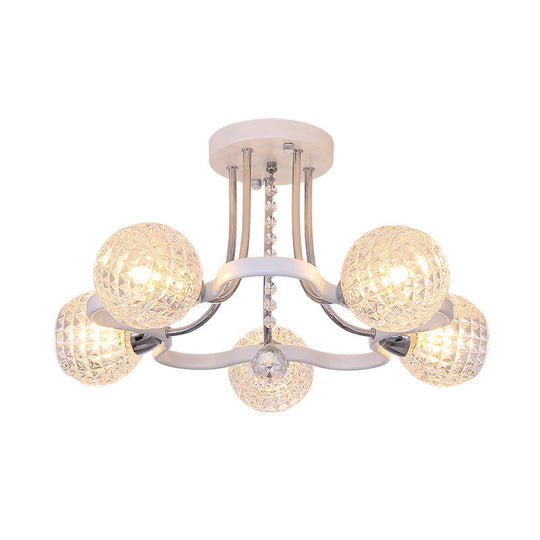 Modern White Semi-Flush Mount Ceiling Light With Lattice Glass Crystal Drop And 3/5 Lights